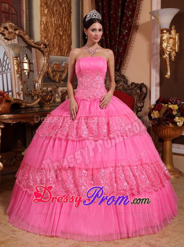 Appliques Strapless Floor-length Pink Organza and Lace Quinceanera Dress