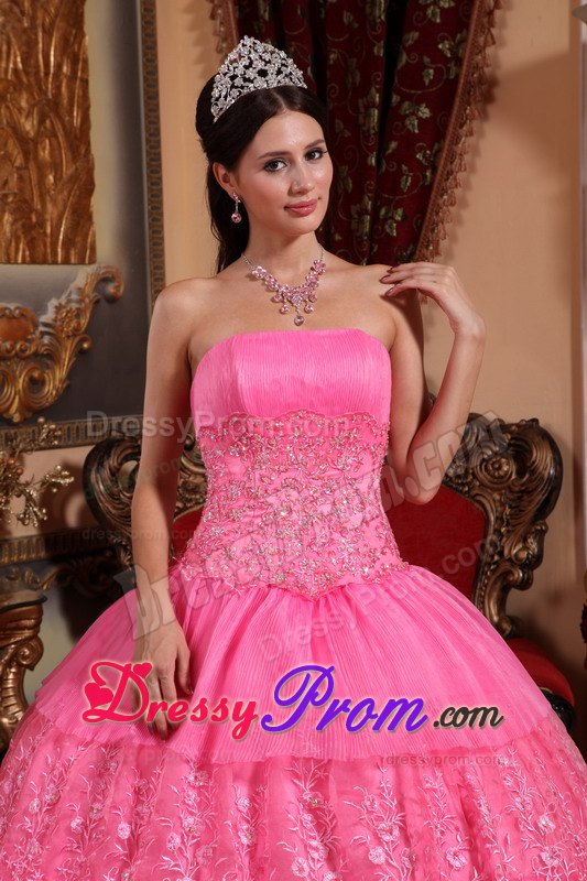 Appliques Strapless Floor-length Pink Organza and Lace Quinceanera Dress