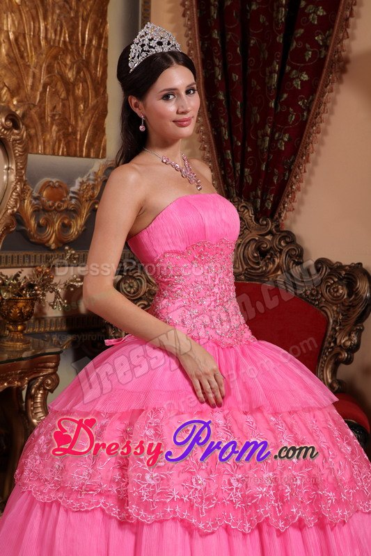 Appliques Strapless Floor-length Pink Organza and Lace Quinceanera Dress