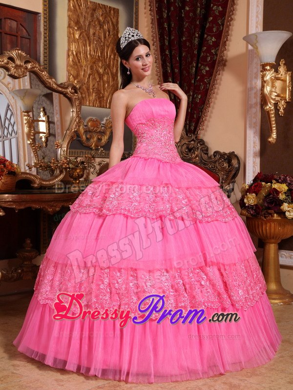 Appliques Strapless Floor-length Pink Organza and Lace Quinceanera Dress