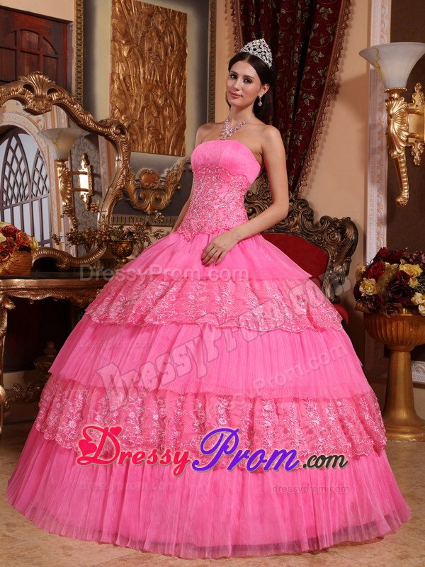 Appliques Strapless Floor-length Pink Organza and Lace Quinceanera Dress