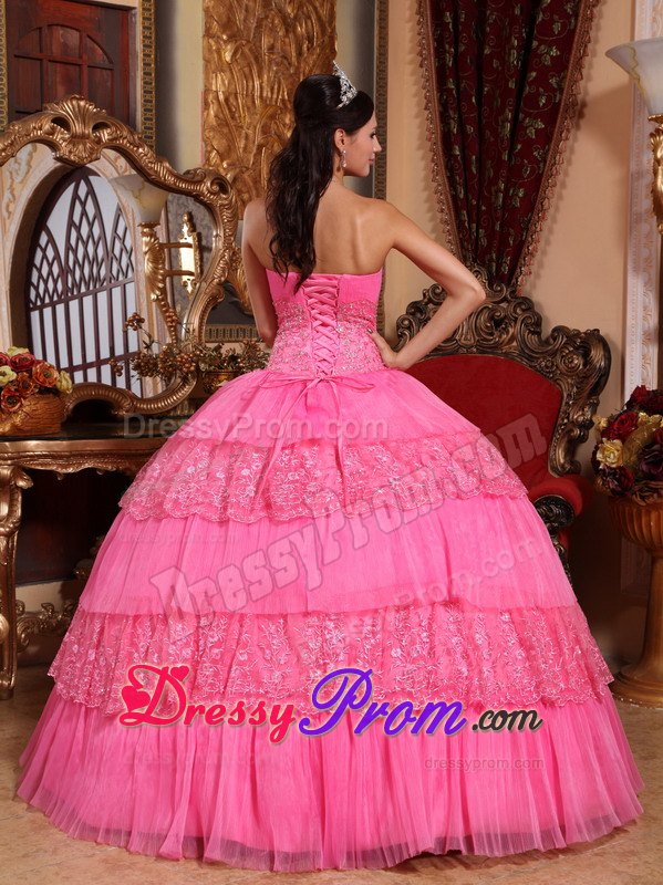 Appliques Strapless Floor-length Pink Organza and Lace Quinceanera Dress