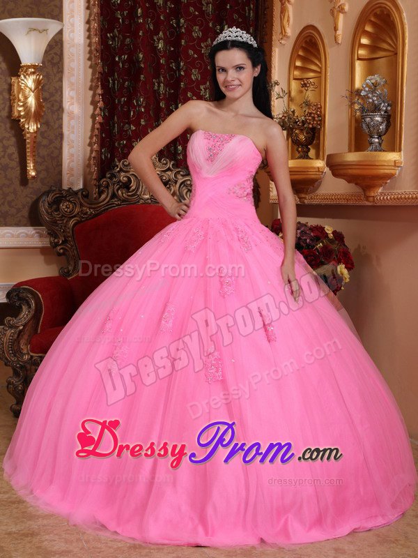 Rose Pink Strapless Floor-length Tulle Quinceanera Dress with Beading