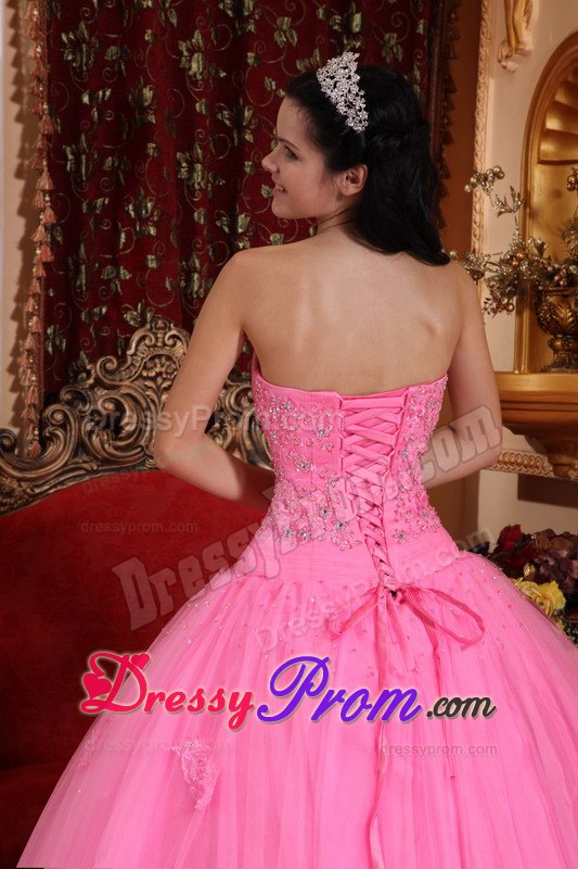 Rose Pink Strapless Floor-length Tulle Quinceanera Dress with Beading