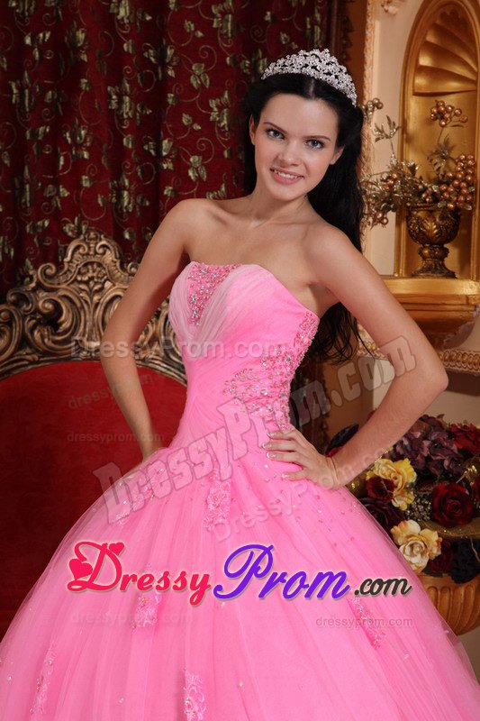 Rose Pink Strapless Floor-length Tulle Quinceanera Dress with Beading