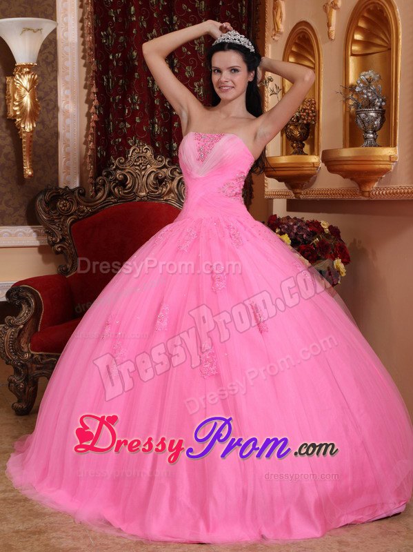 Rose Pink Strapless Floor-length Tulle Quinceanera Dress with Beading