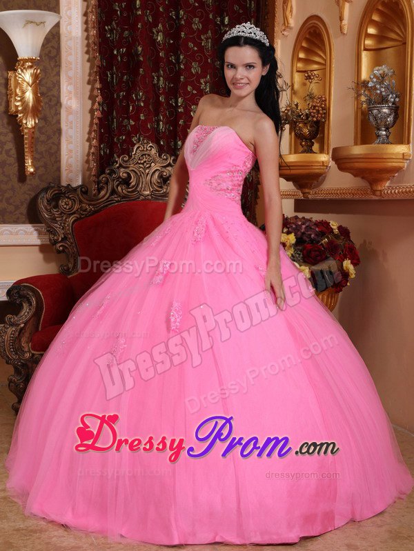 Rose Pink Strapless Floor-length Tulle Quinceanera Dress with Beading