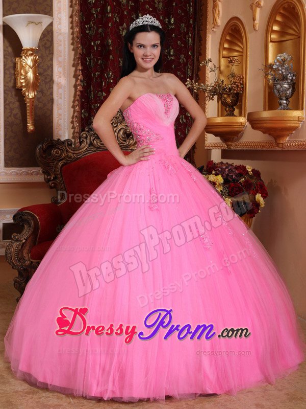 Rose Pink Strapless Floor-length Tulle Quinceanera Dress with Beading