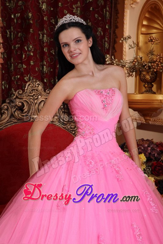 Rose Pink Strapless Floor-length Tulle Quinceanera Dress with Beading