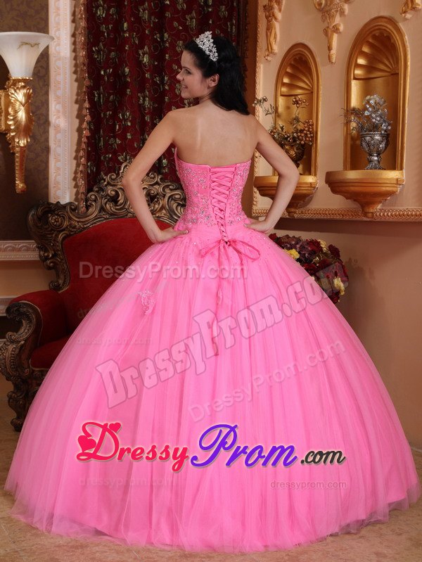 Rose Pink Strapless Floor-length Tulle Quinceanera Dress with Beading