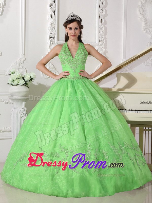 Halter Taffeta and Organza Appliques Quinceanera Dress in Spring Green