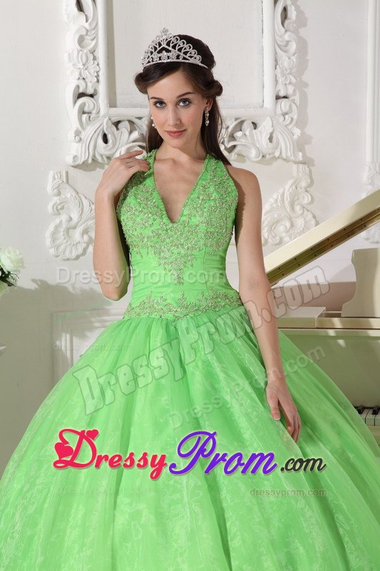 Halter Taffeta and Organza Appliques Quinceanera Dress in Spring Green