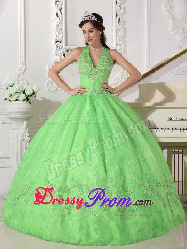 Halter Taffeta and Organza Appliques Quinceanera Dress in Spring Green