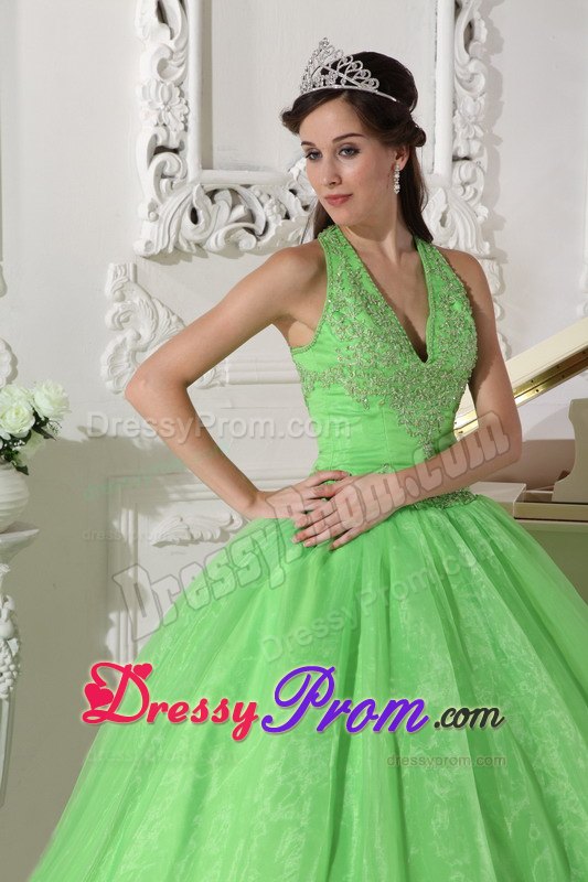 Halter Taffeta and Organza Appliques Quinceanera Dress in Spring Green