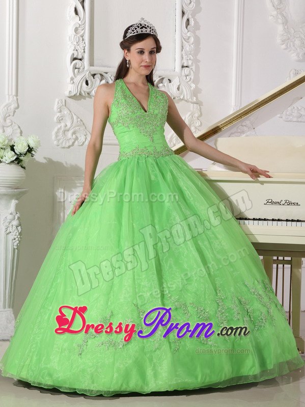 Halter Taffeta and Organza Appliques Quinceanera Dress in Spring Green