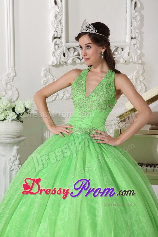 Halter Taffeta and Organza Appliques Quinceanera Dress in Spring Green