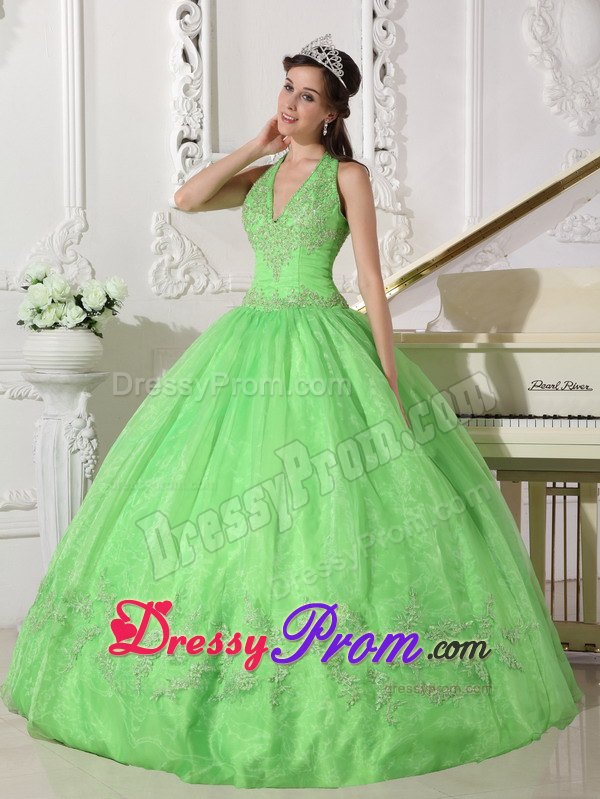 Halter Taffeta and Organza Appliques Quinceanera Dress in Spring Green