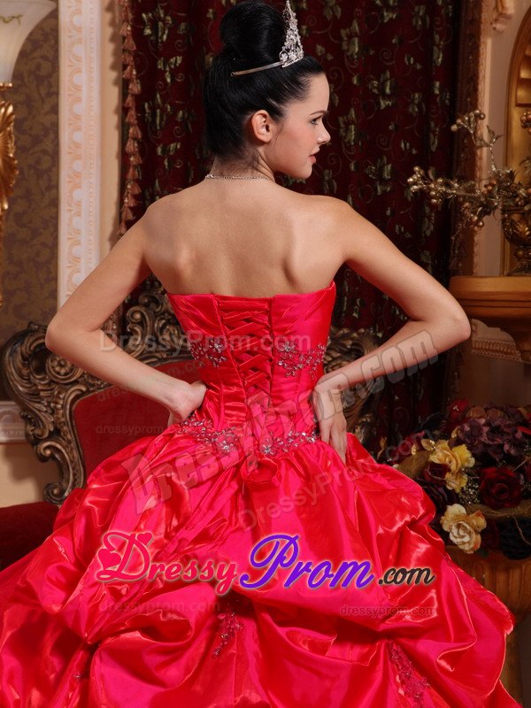 Red Taffeta Strapless Quinceanera Dress with Beading and Pick -ups