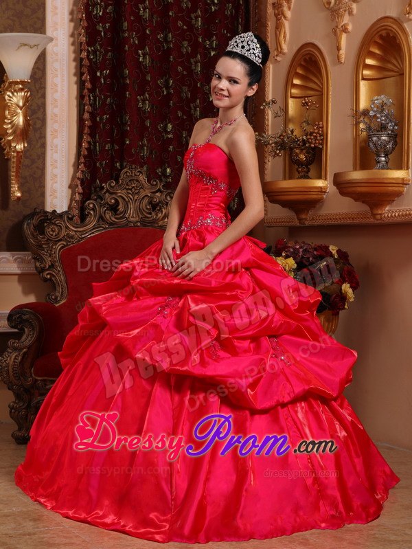 Red Taffeta Strapless Quinceanera Dress with Beading and Pick -ups