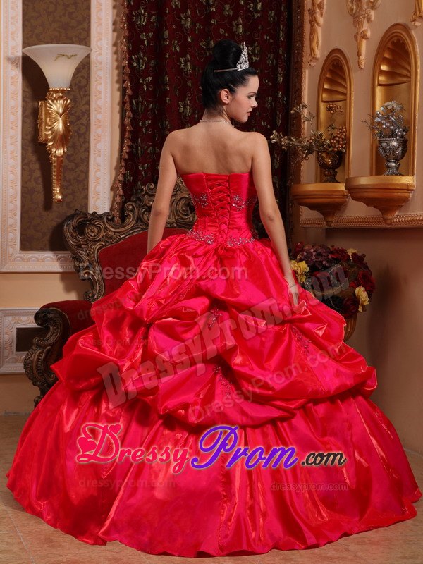 Red Taffeta Strapless Quinceanera Dress with Beading and Pick -ups