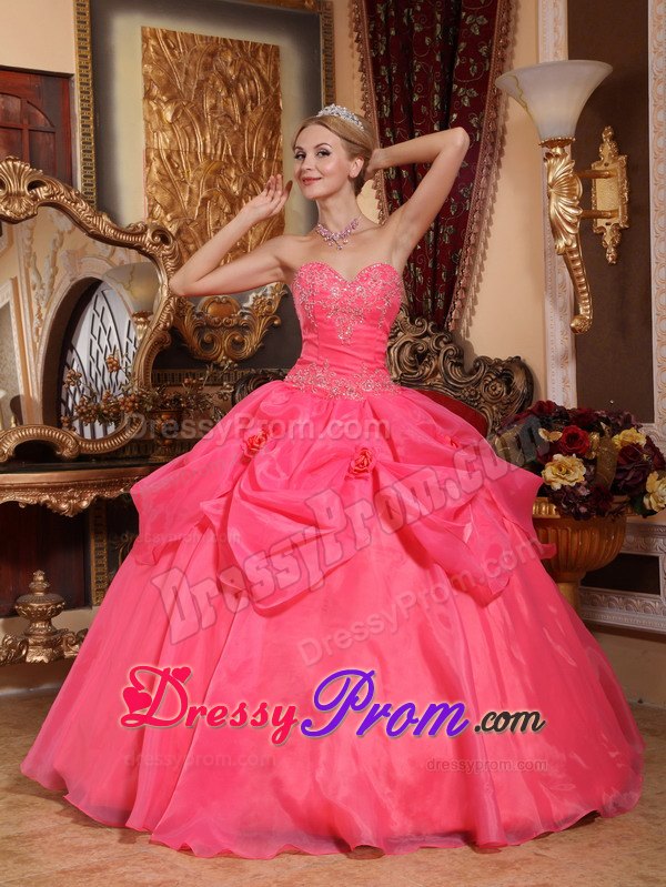 Coral Red Sweetheart Appliques Quinceanera Dress in Taffeta and Organza