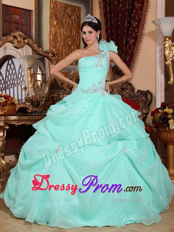 One Shoulder Organza Appliques Quinceanera Dress in Apple Green