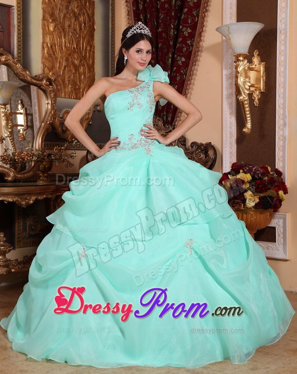 One Shoulder Organza Appliques Quinceanera Dress in Apple Green