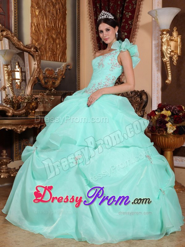 One Shoulder Organza Appliques Quinceanera Dress in Apple Green