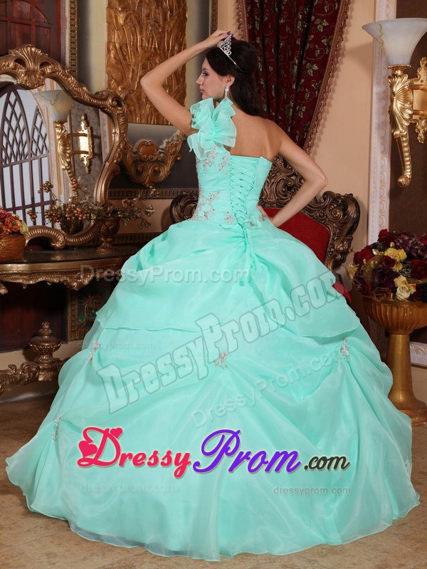 One Shoulder Organza Appliques Quinceanera Dress in Apple Green