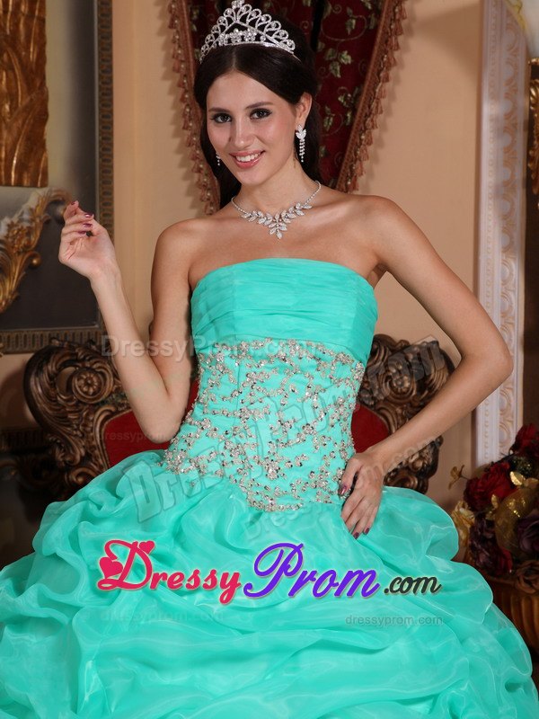 Appliques Turquoise Ball Gown Strapless Quinceanera Dress with Pick-ups