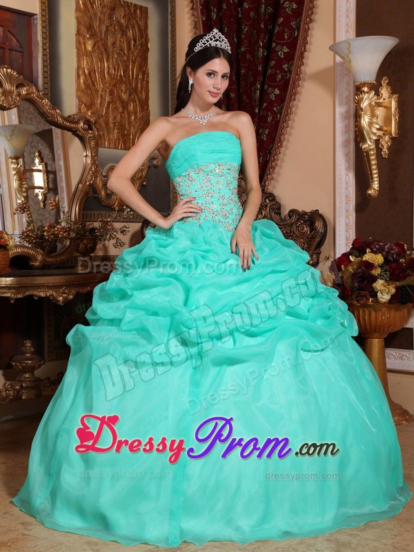 Appliques Turquoise Ball Gown Strapless Quinceanera Dress with Pick-ups