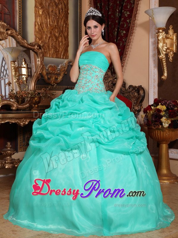 Appliques Turquoise Ball Gown Strapless Quinceanera Dress with Pick-ups