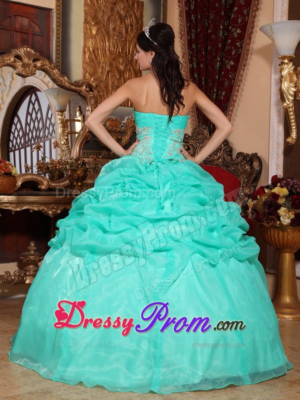 Appliques Turquoise Ball Gown Strapless Quinceanera Dress with Pick-ups