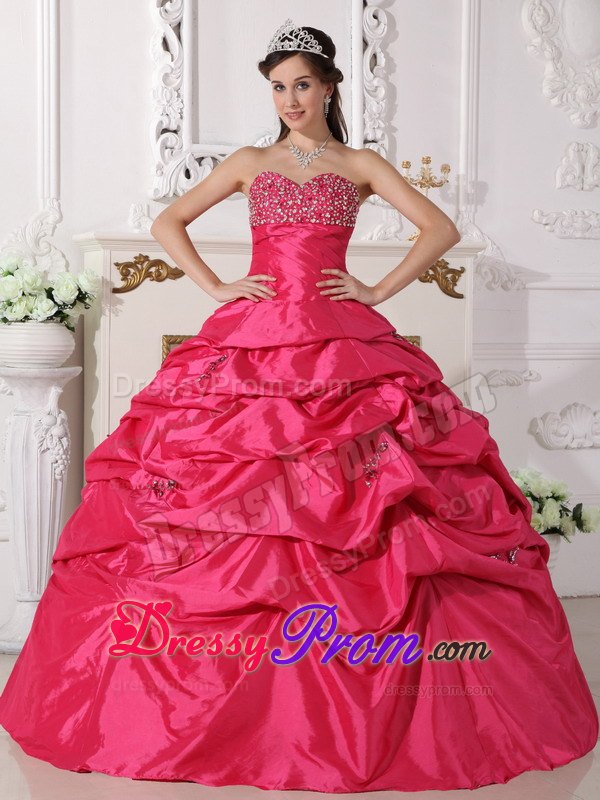 Beading Sweetheart Ball Gown Taffeta Quinceanera Dress in Coral Red