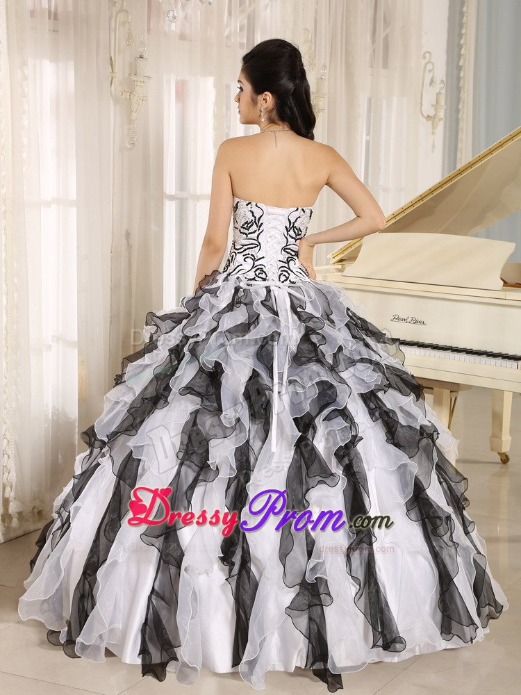 Black and White Strapless Embroidery Dresses For Quinceaneras with Ruffles