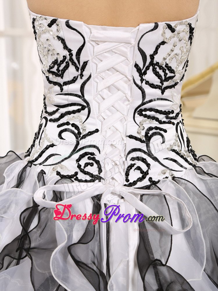 Black and White Strapless Embroidery Dresses For Quinceaneras with Ruffles