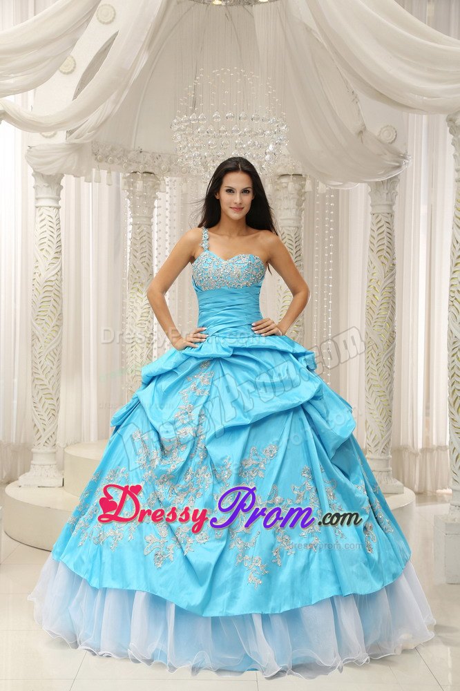 One Shoulder Aqua Embroidery Floor-length Quinceanera Dress With Beading
