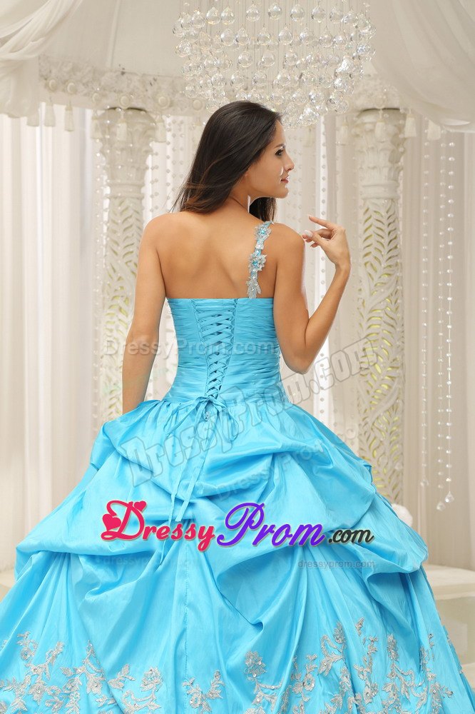 One Shoulder Aqua Embroidery Floor-length Quinceanera Dress With Beading