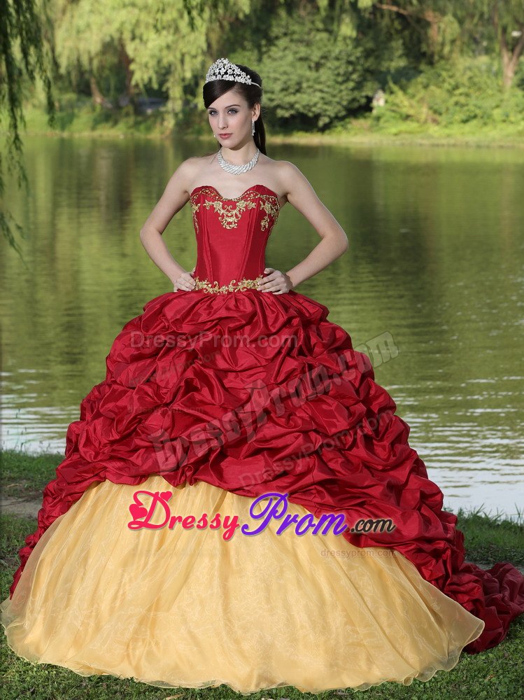 Wine Red Appliques and Pick-ups Quinceanera Dress with Brush Train