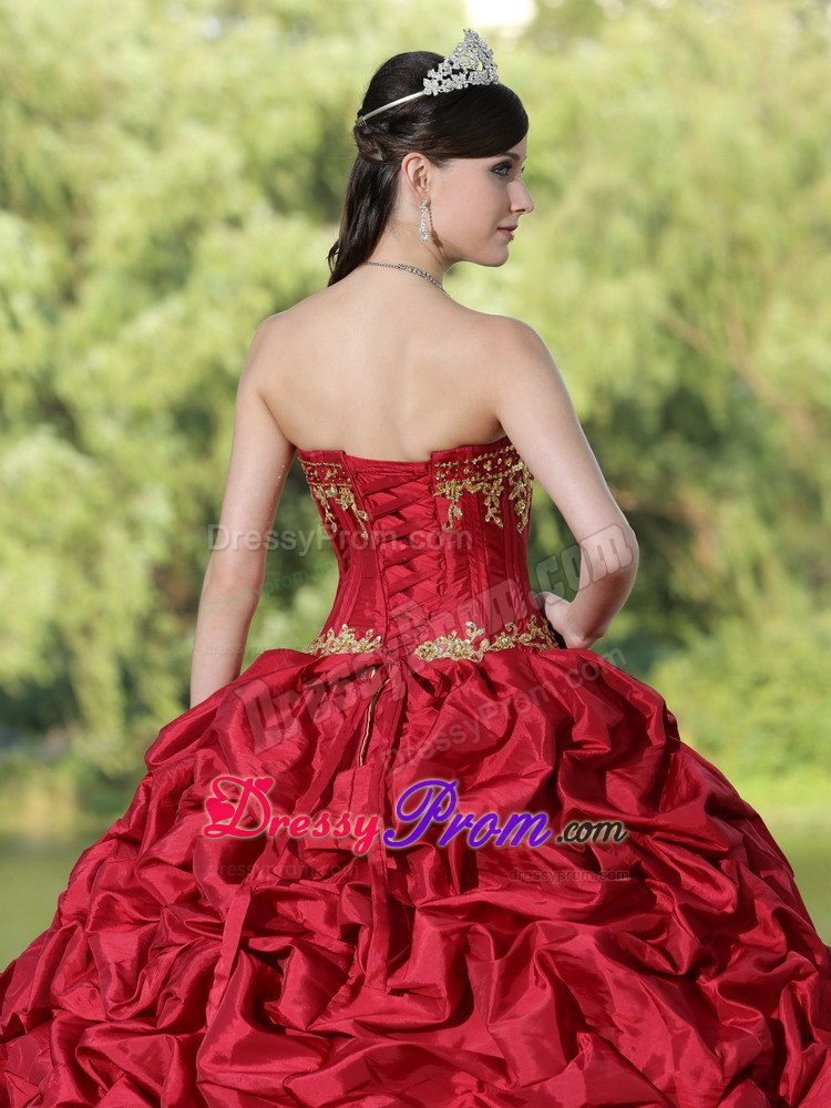 Wine Red Appliques and Pick-ups Quinceanera Dress with Brush Train