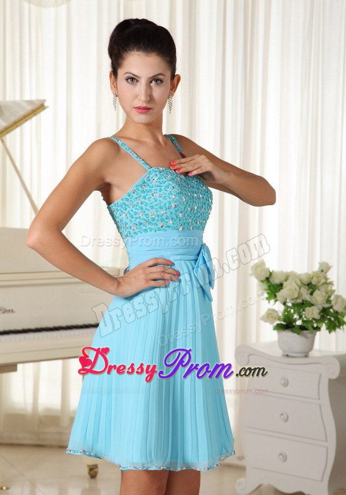 Spaghetti Straps Bow Pleated Aqua Blue Short Prom Dress