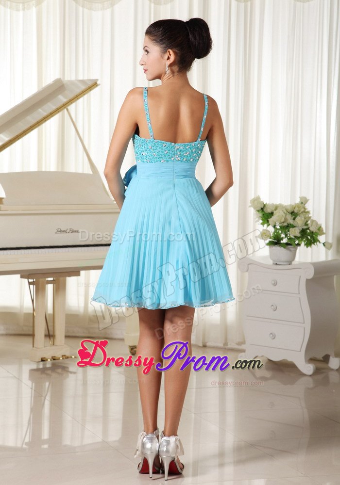 Spaghetti Straps Bow Pleated Aqua Blue Short Prom Dress
