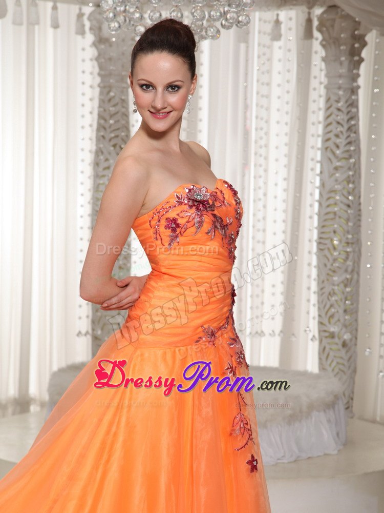 Orange Princess Dress for Prom Queen with Flowers Appliques