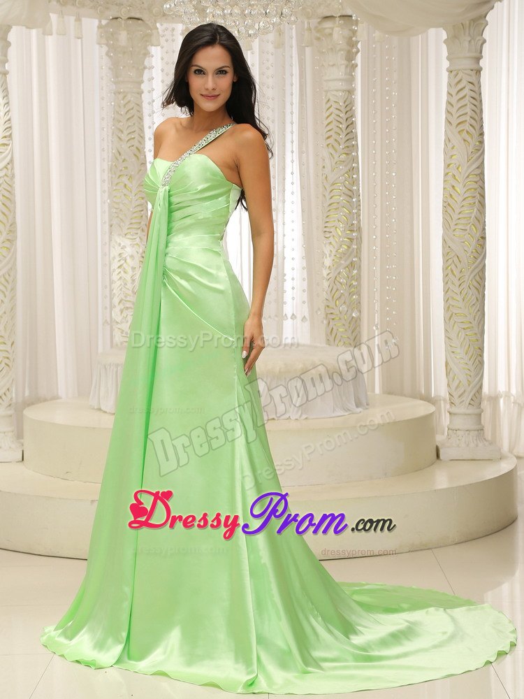 Plus Size Yellow Green One Shoulder Ruching Prom Dress Beaded