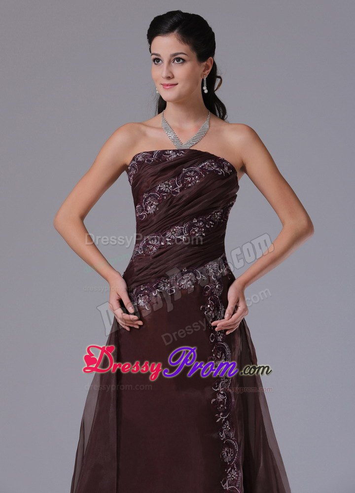 Brown Strapless Arkansas Column Prom Gown Dress With Appliques