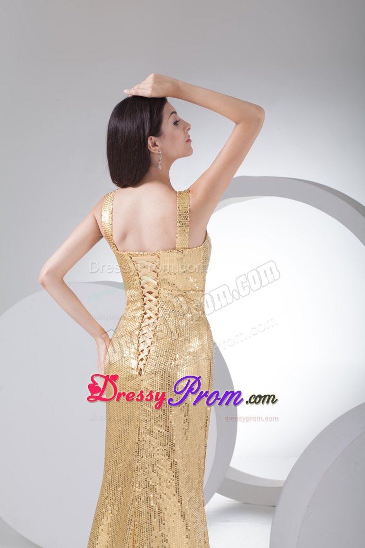 Shimmery Brush Train Lace-Up Gold Sequin Dress for Prom
