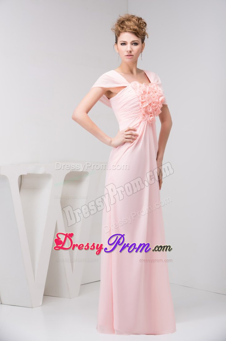 Cute Square Neck Short Sleeves Pink Prom Dress with Flowers