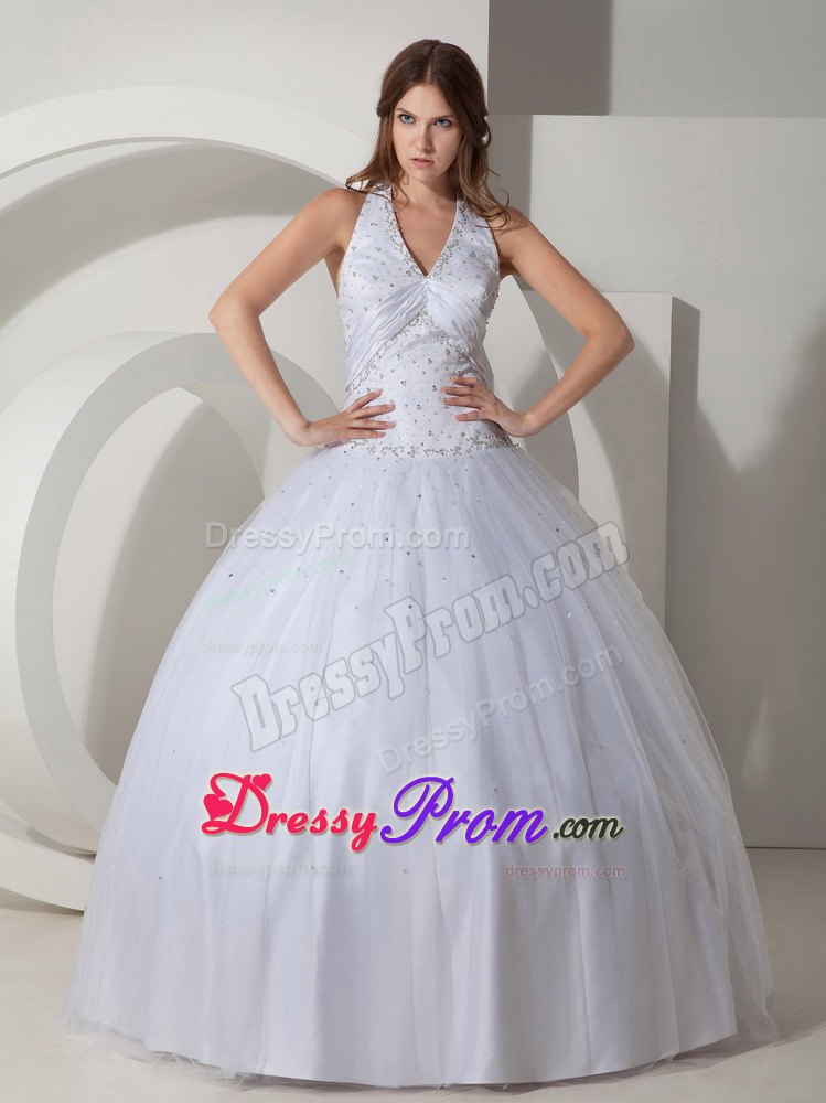 Halter Ball Gown Floor-length Beading Quinceanera Dress in White