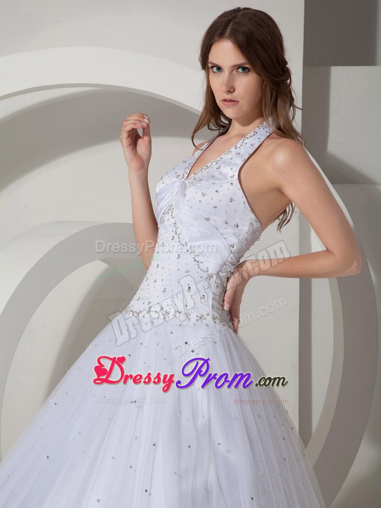 Halter Ball Gown Floor-length Beading Quinceanera Dress in White