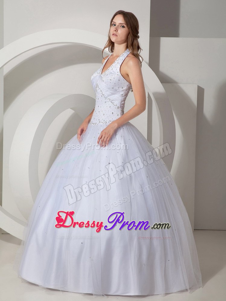 Halter Ball Gown Floor-length Beading Quinceanera Dress in White